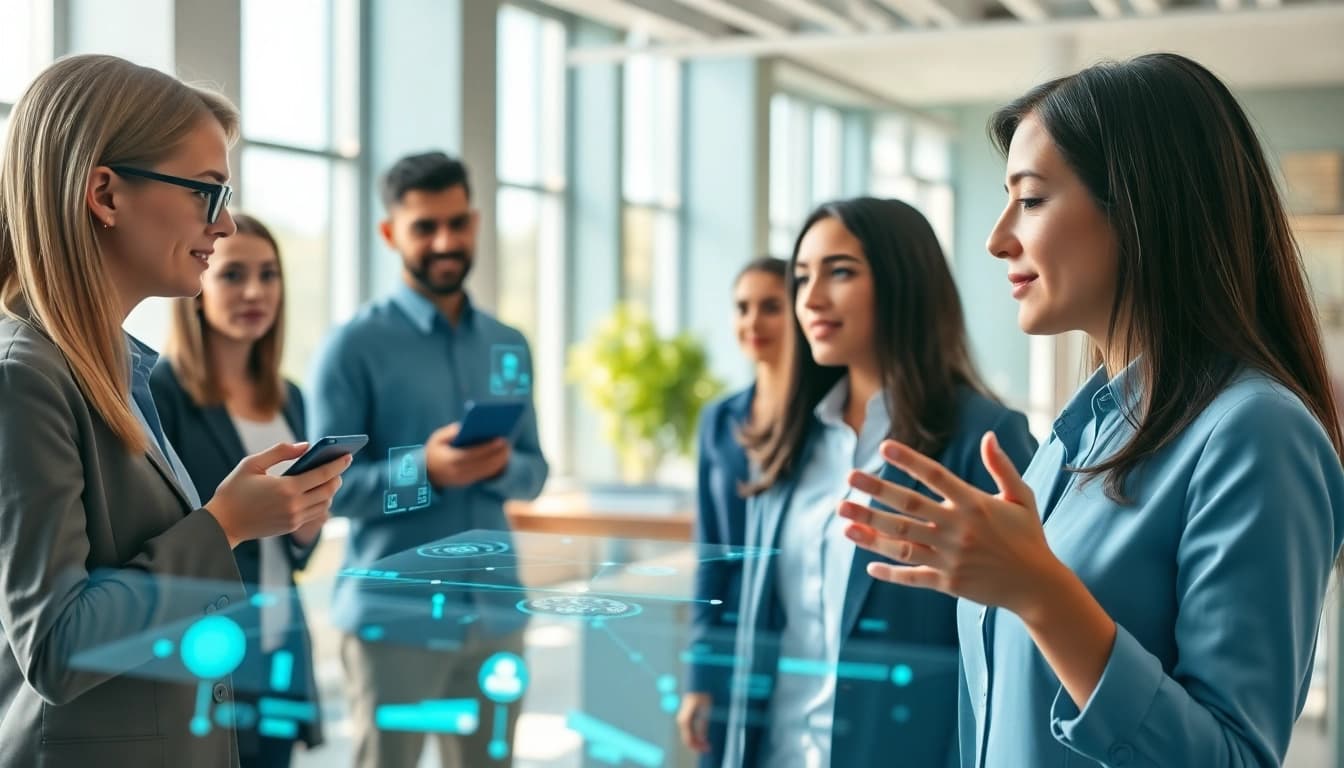 Showcasing an enterprise ai assistant engaging users in a modern office setting, emphasizing productivity.