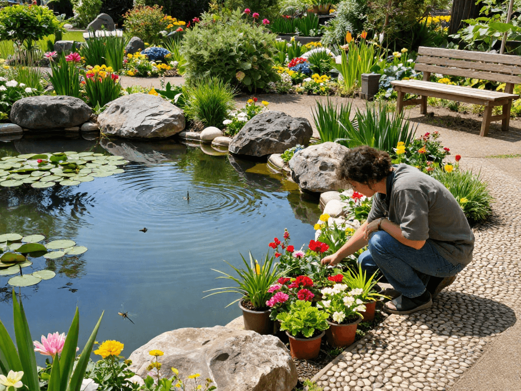 Buy Pond Plants Online: Vibrant gardener tending colorful pond plants in tranquil outdoor setting.