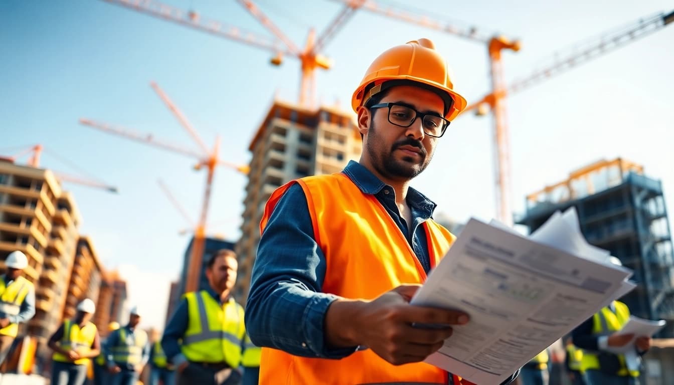 New York Construction Manager reviewing blueprints amidst a bustling urban construction site.
