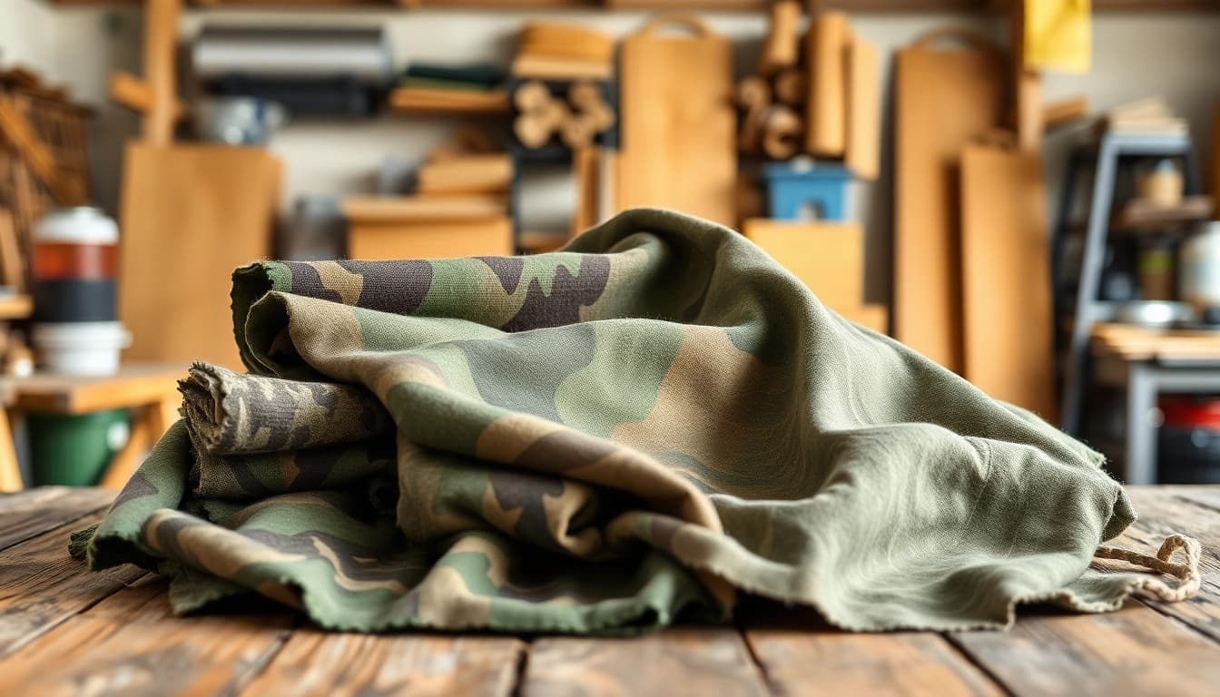 Bekijk verschillende camouflage stoffen met unieke texturen op een rustieke tafel.