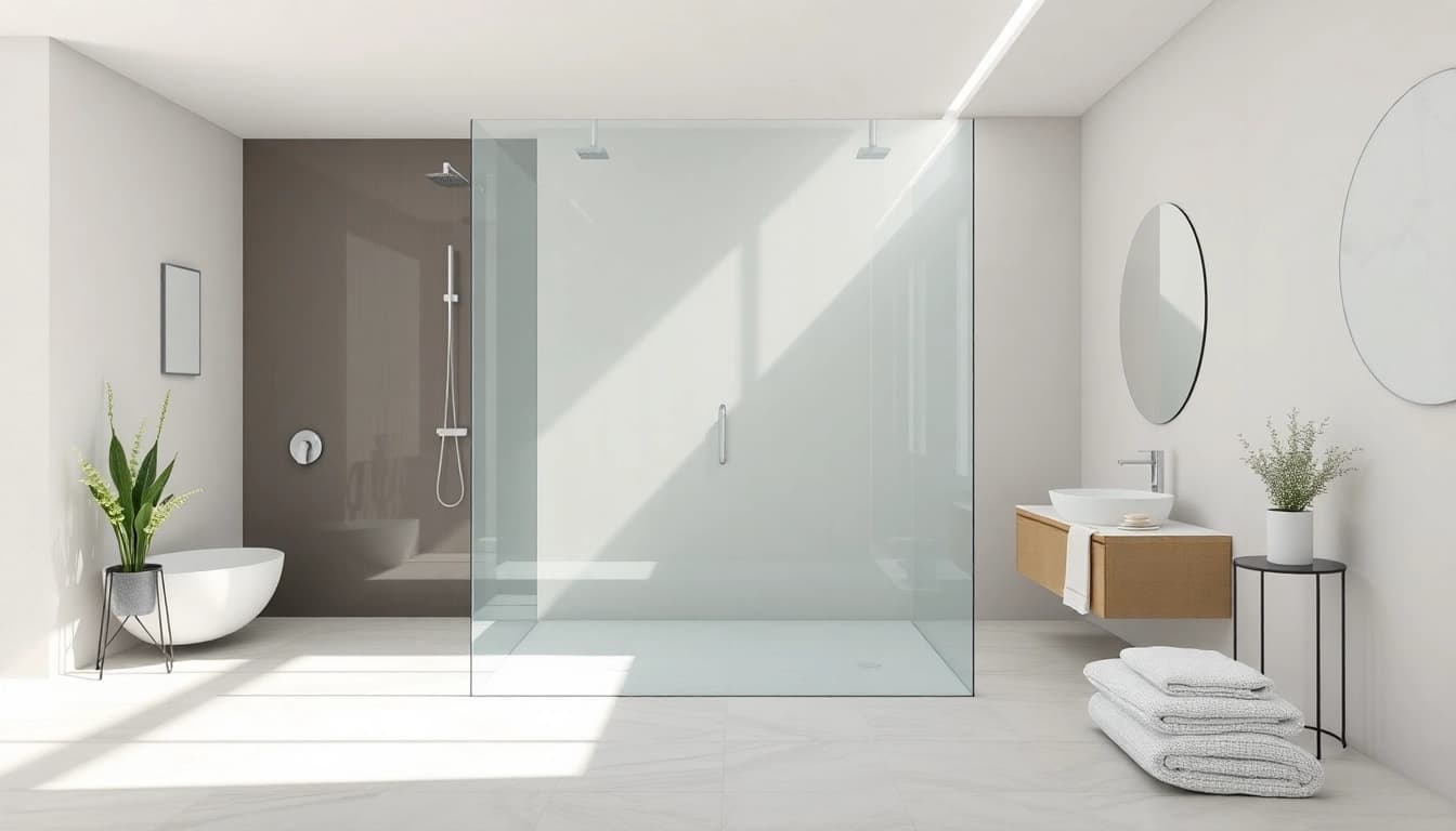 Admire la paroi de douche en verre parfaitement intégrée dans un intérieur moderne et élégant.