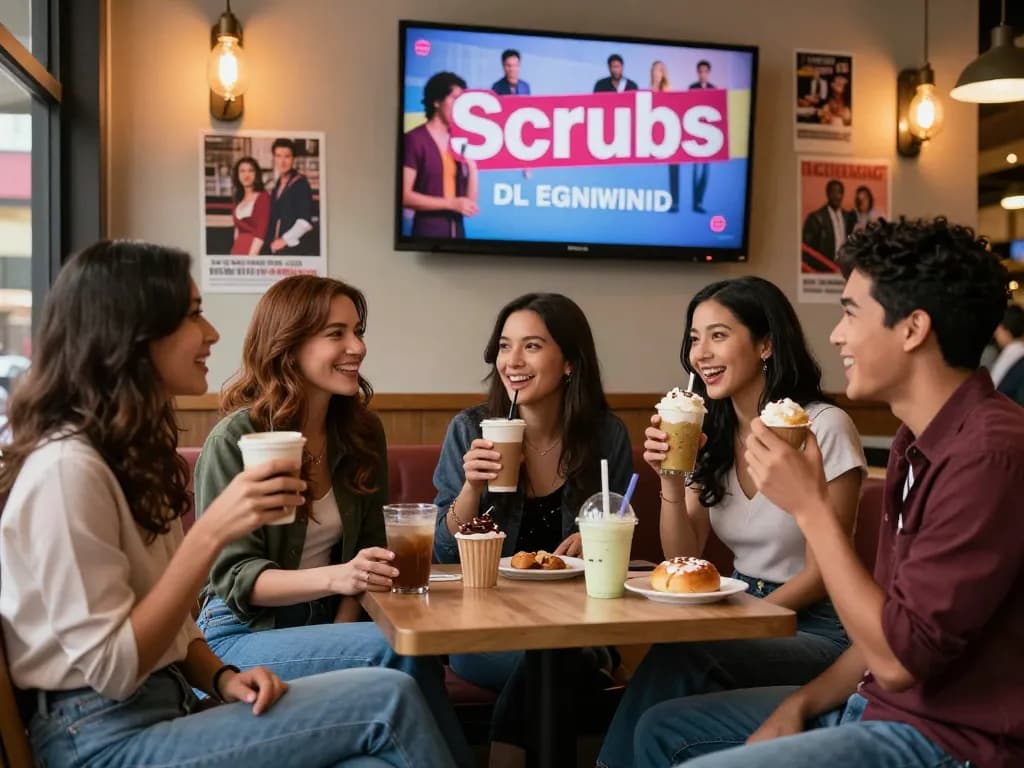 Friends enjoying drinks discussing Scrubs Is Back in a cozy café