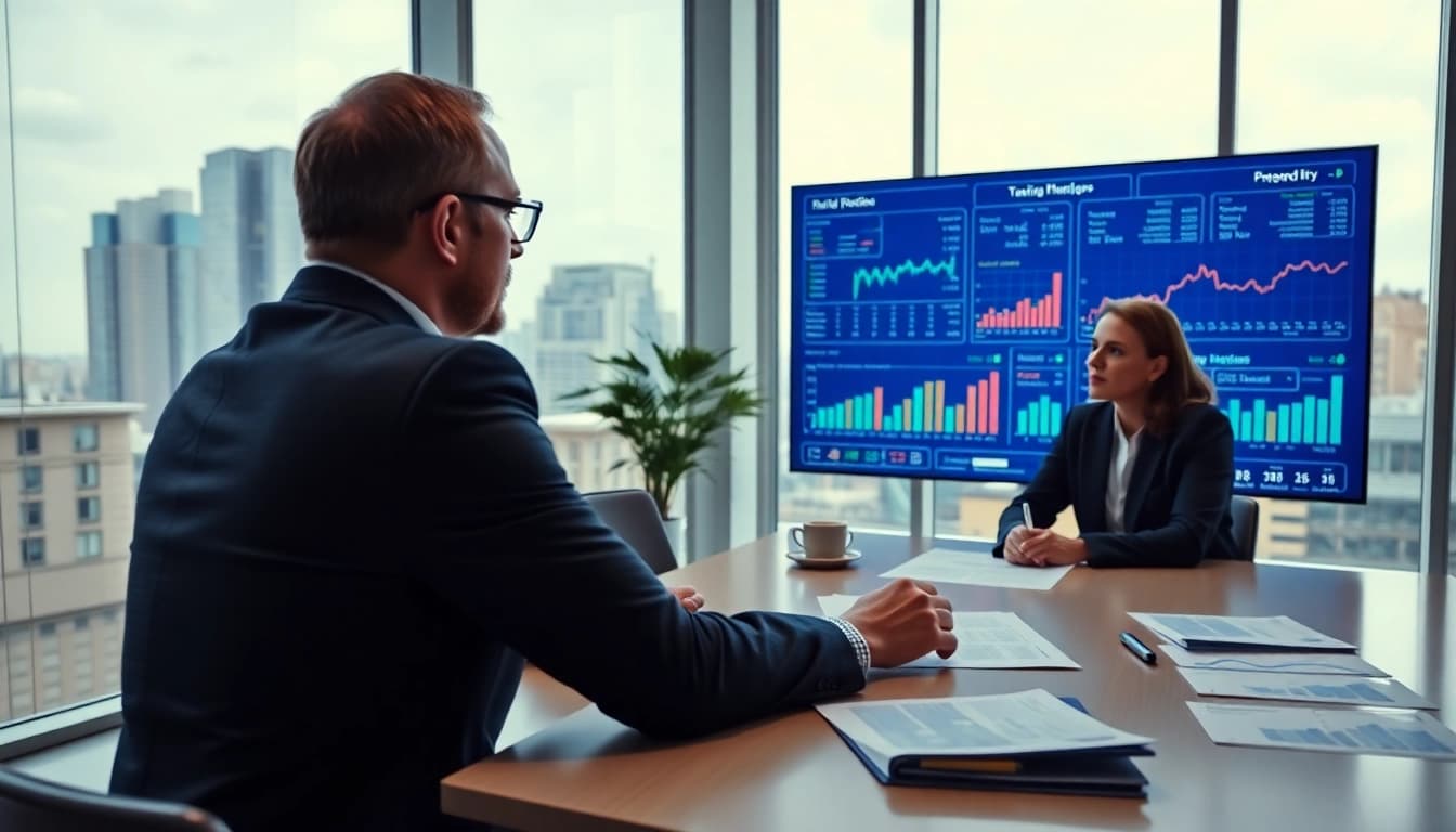 Beratungstermin bei https://zukunftkapital.de, in einem modernen Büro mit einem Finanzberater.