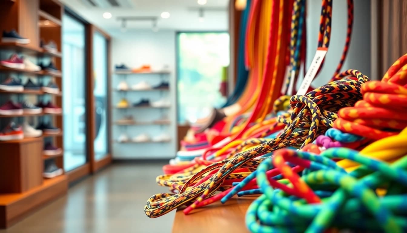 Showcase of colorful wholesale shoelaces for sneaker shops on an elegant wooden shelf.