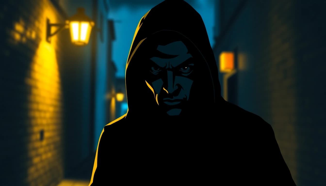 Captivating clean thriller book cover, featuring a mysterious figure in a dimly lit alley.
