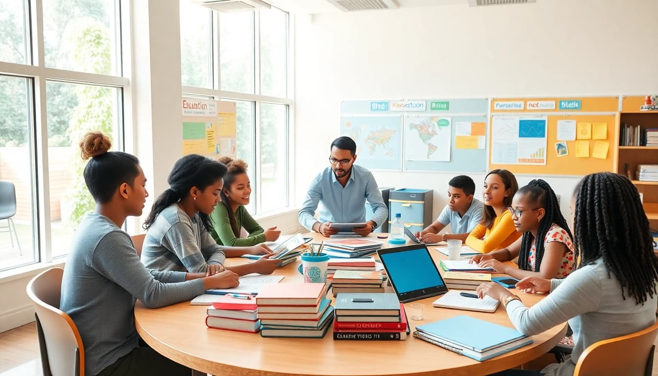 Dynamic education scene depicting students engaged in collaborative learning, highlighting innovation in education.