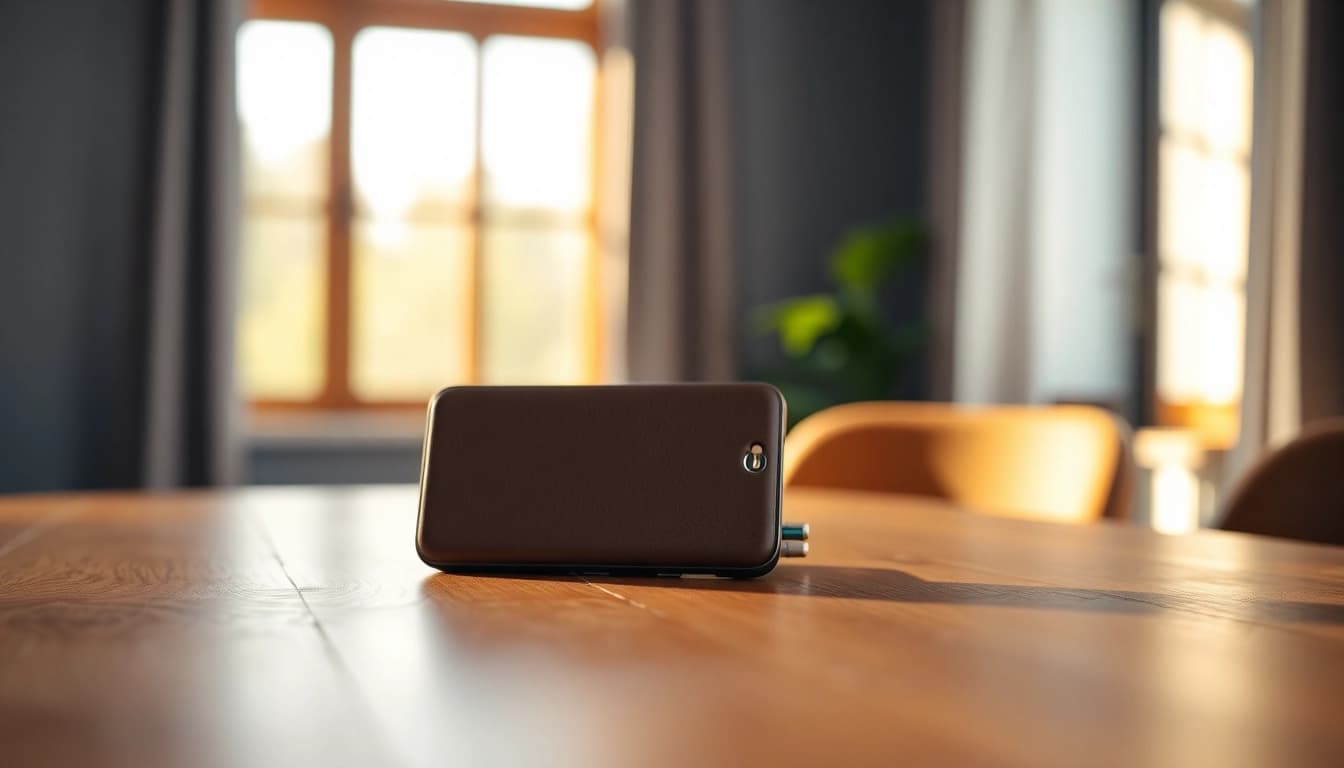 Handy Tasche abschließbar auf einem minimalistischen Holztisch, stilvolles Design präsentiert.