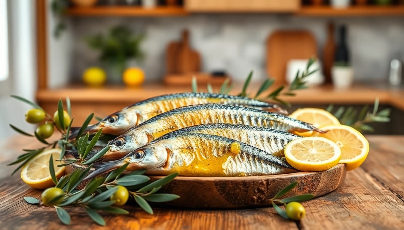 Delicious sardianas en aceite de oliva beautifully arranged with olive branches.