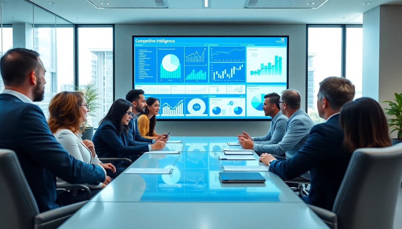 Analyze competitive intelligence insights during a business meeting in a modern office.