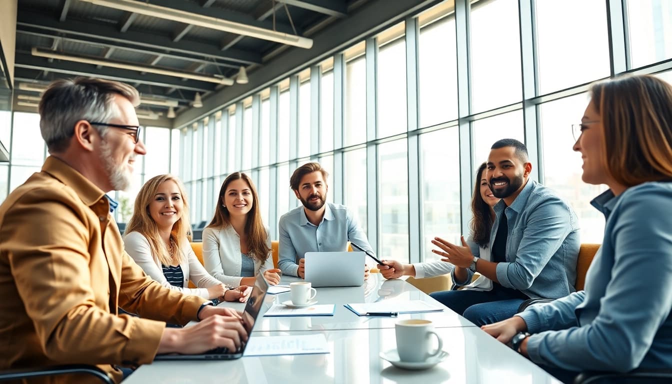 Business meeting in a modern office with diverse professionals engaged in discussion.