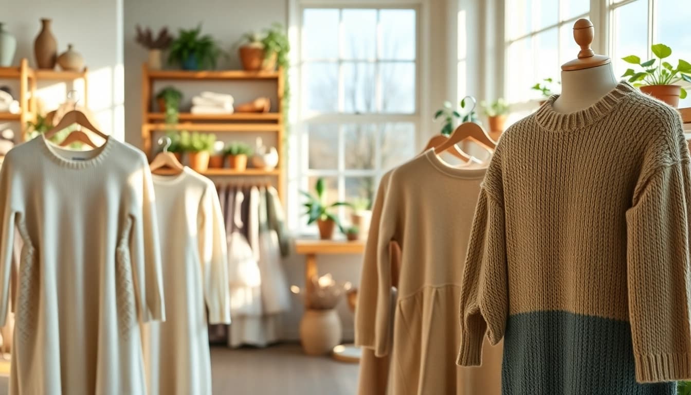 Explore luxurious hand-knitted fashion garments at https://www.ound-ound.com in a bright, airy boutique.