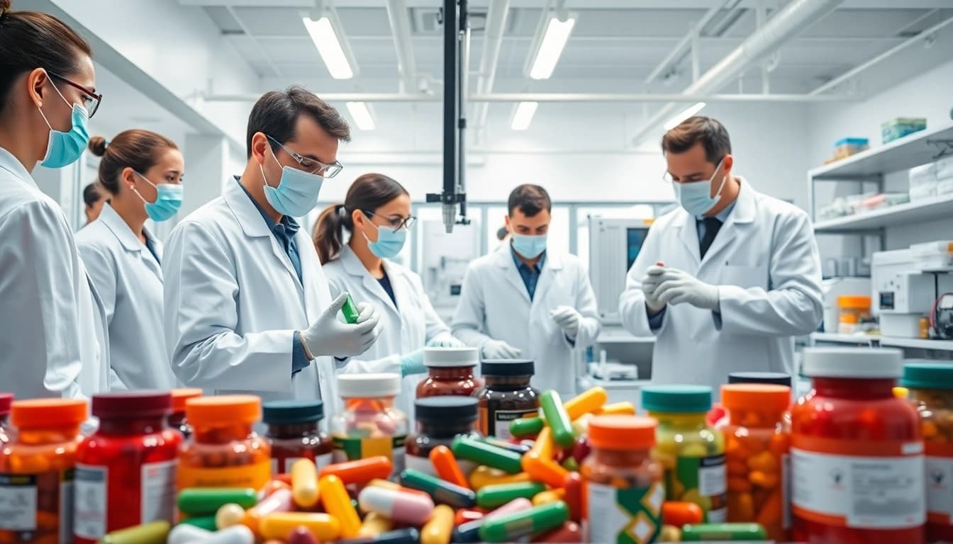 Visual representation of supplement manufacturers UK showcasing a modern laboratory with vibrant products.