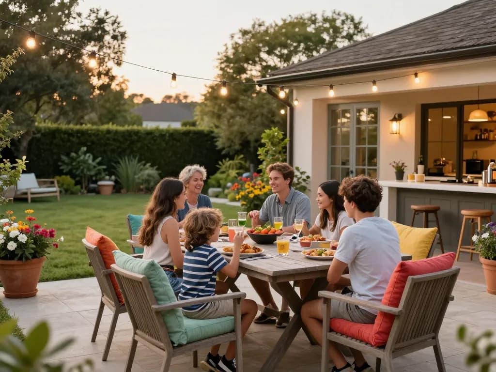 Outdoor living configurator enhancing family gatherings in a beautifully designed garden space.