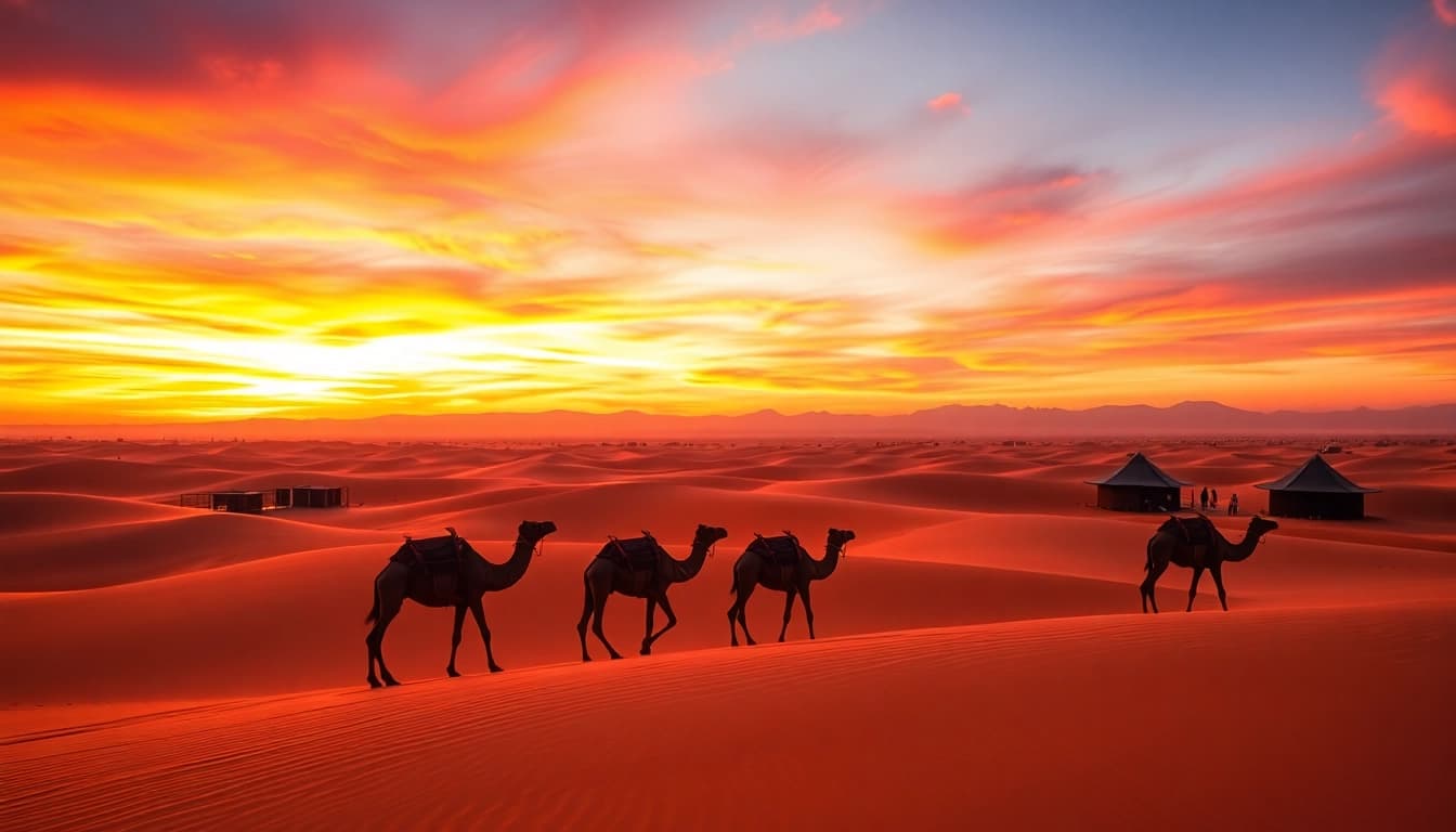 Agafay Desert camel ride at sunset with golden dunes and serene atmosphere