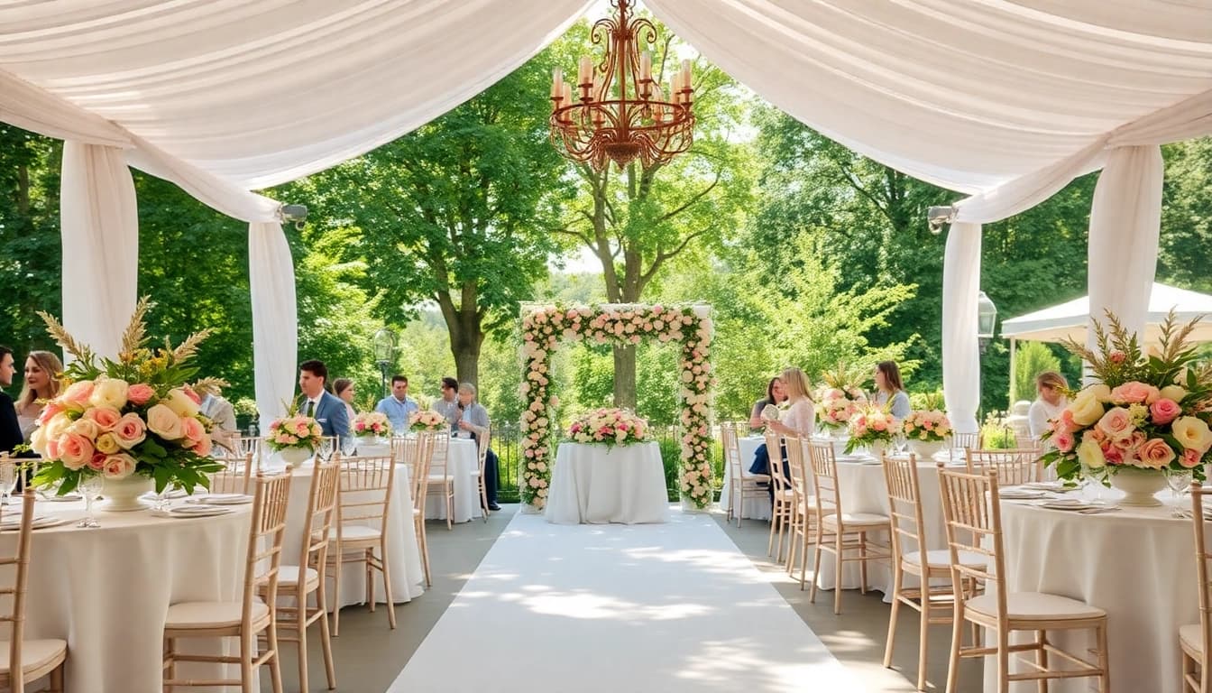 Gestalten Sie eine traumhafte location hochzeit mit eleganten Blumenarrangements und festlich dekorierten Tischen.