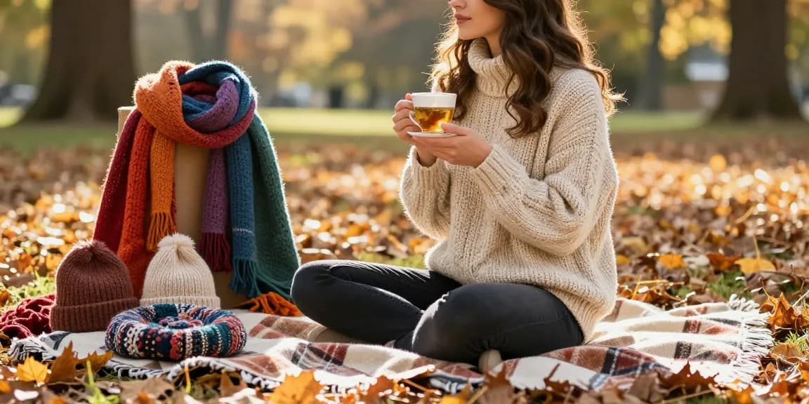 Woman in handmade knitwear enjoying tea in a sunlit park with autumn leaves.