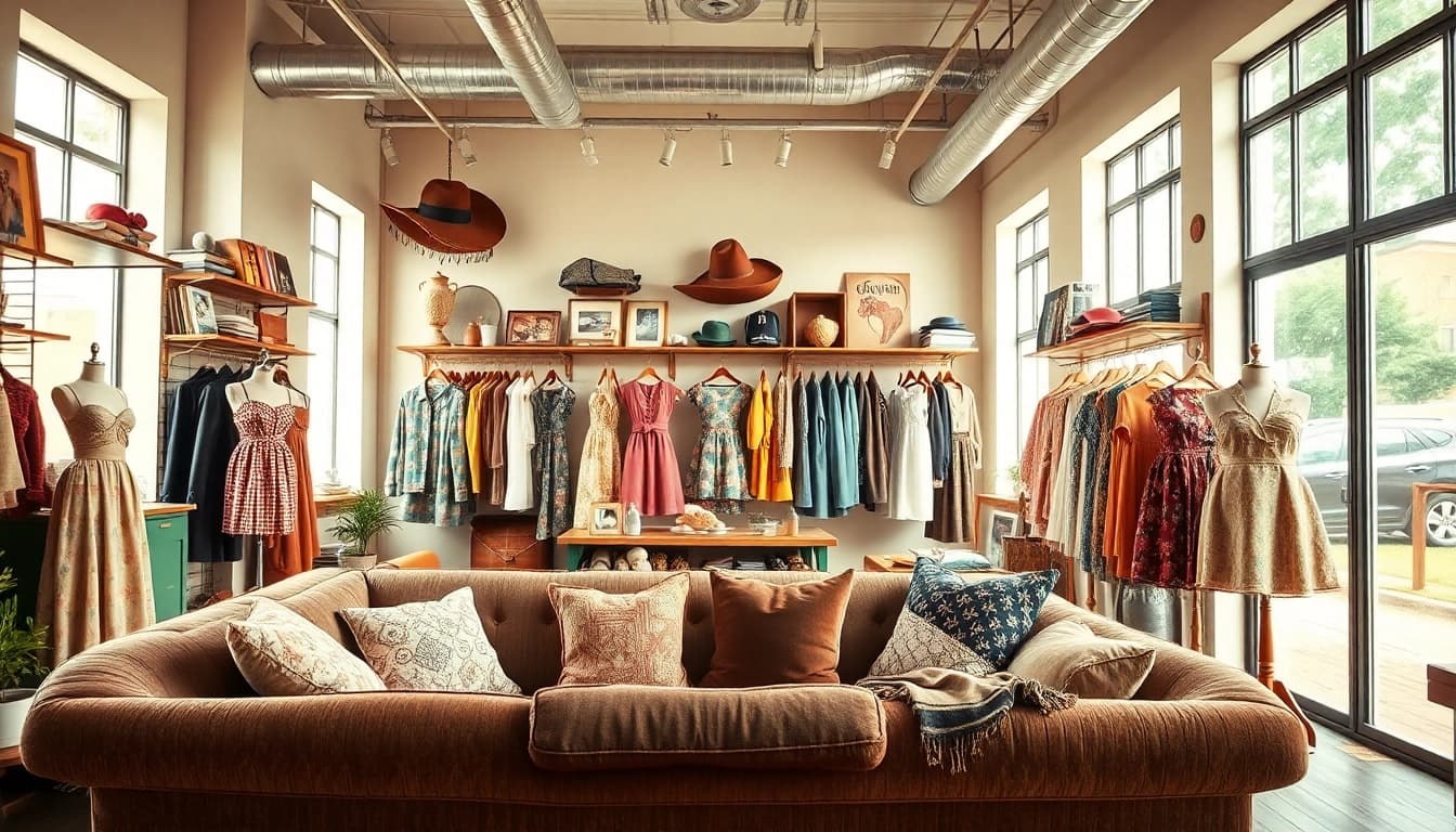 Shop vintage treasures at https://thrift-vintage.com/ showcasing eclectic retro clothing in a cozy setting.