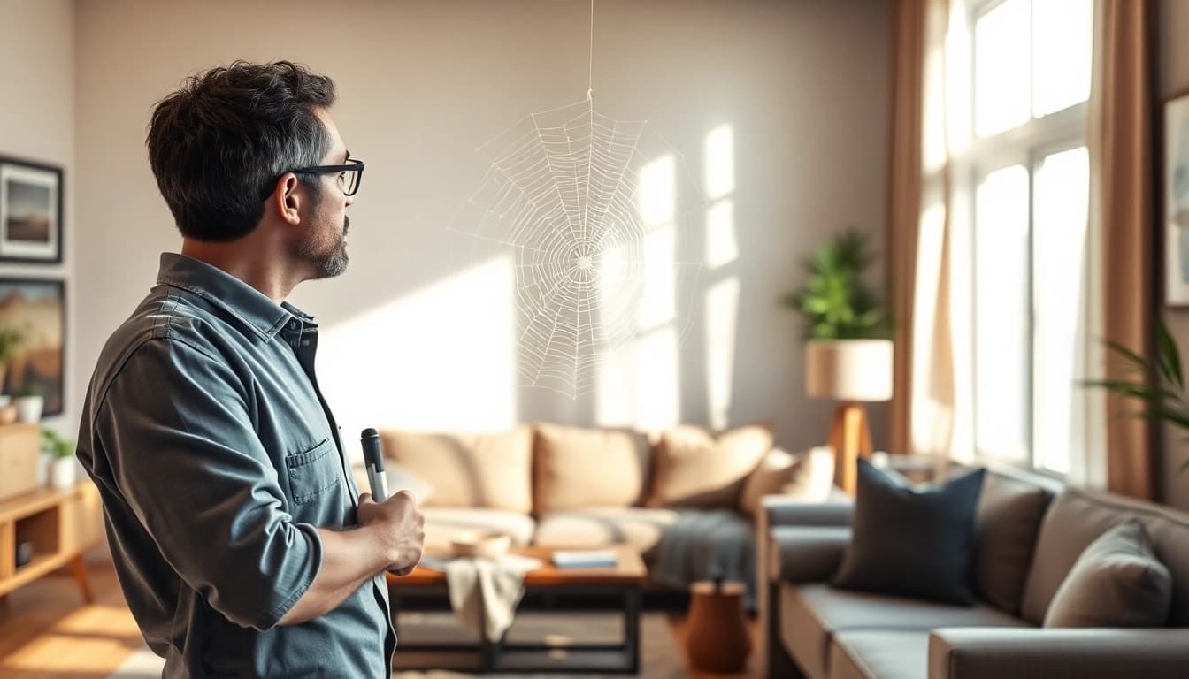 Expert inspecting a corner for spider infestation control in a cozy living room setting.