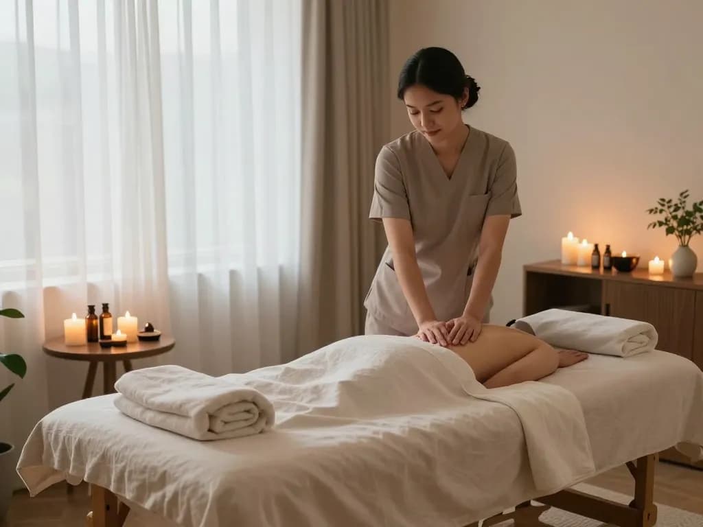 Relaxing wellness spa therapy room featuring 서초스웨디시 massage setup with calming candles and essential oils.