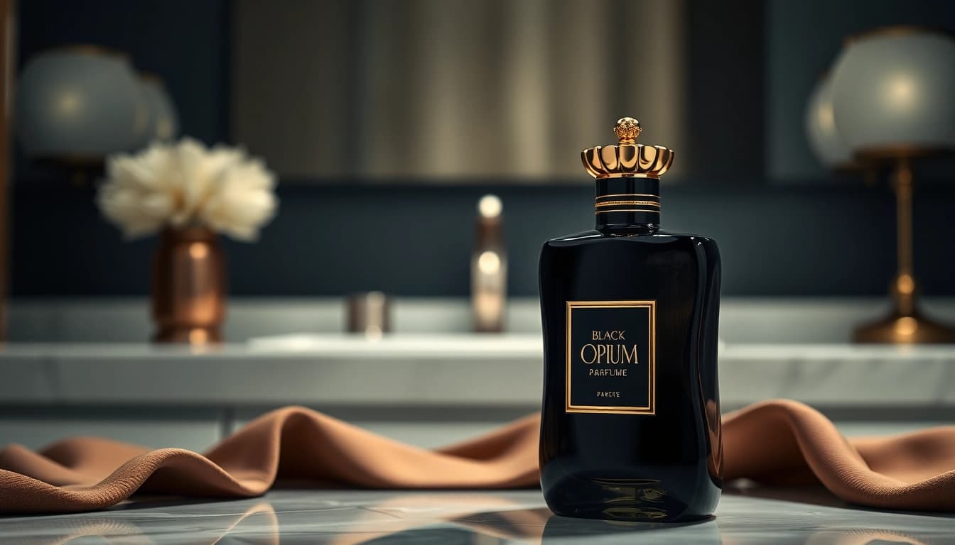 Find black opium perfume best prices showcasing a luxurious perfume bottle on an elegant vanity.
