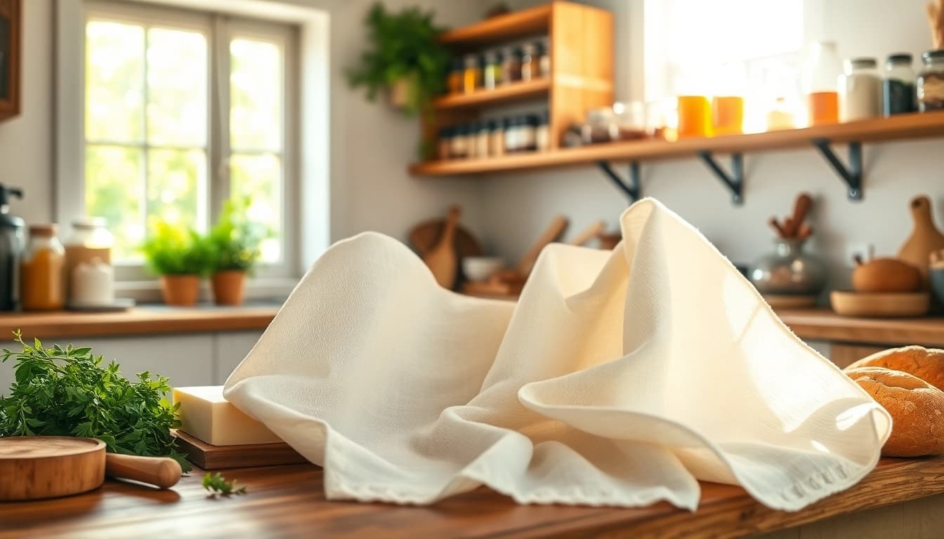 Kaasdoek op een houten aanrecht met verse ingrediënten en natuurlijk licht.