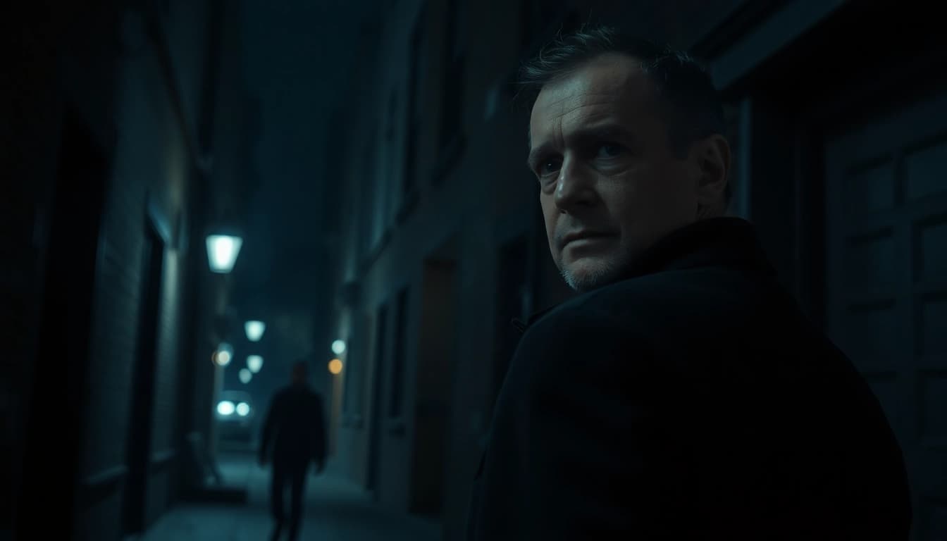 Detective in a dark alley capturing the essence of a clean thriller.