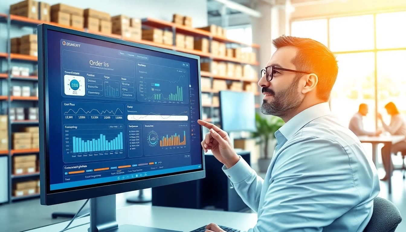 Visualize order processing software with a modern interface showing order flow and inventory data in a bright office.