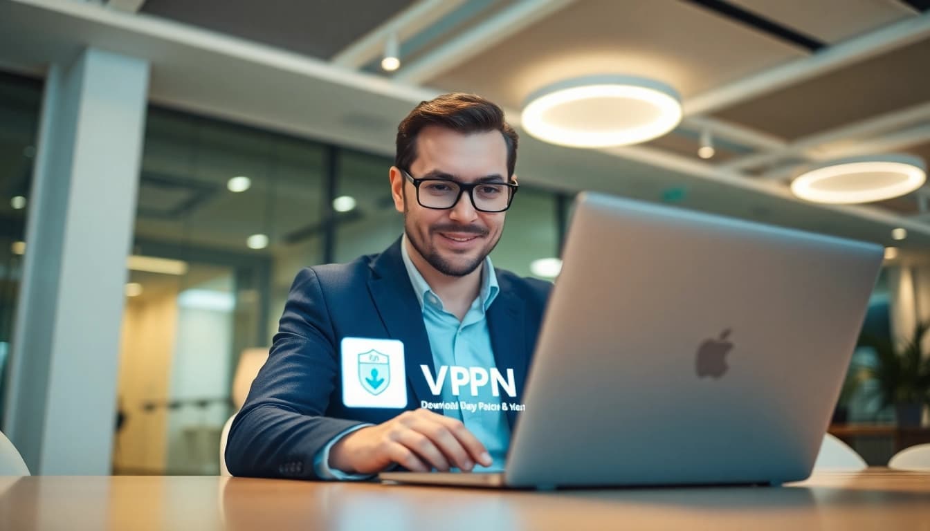 快连vpn下载 capture in a modern office with a user downloading the app.