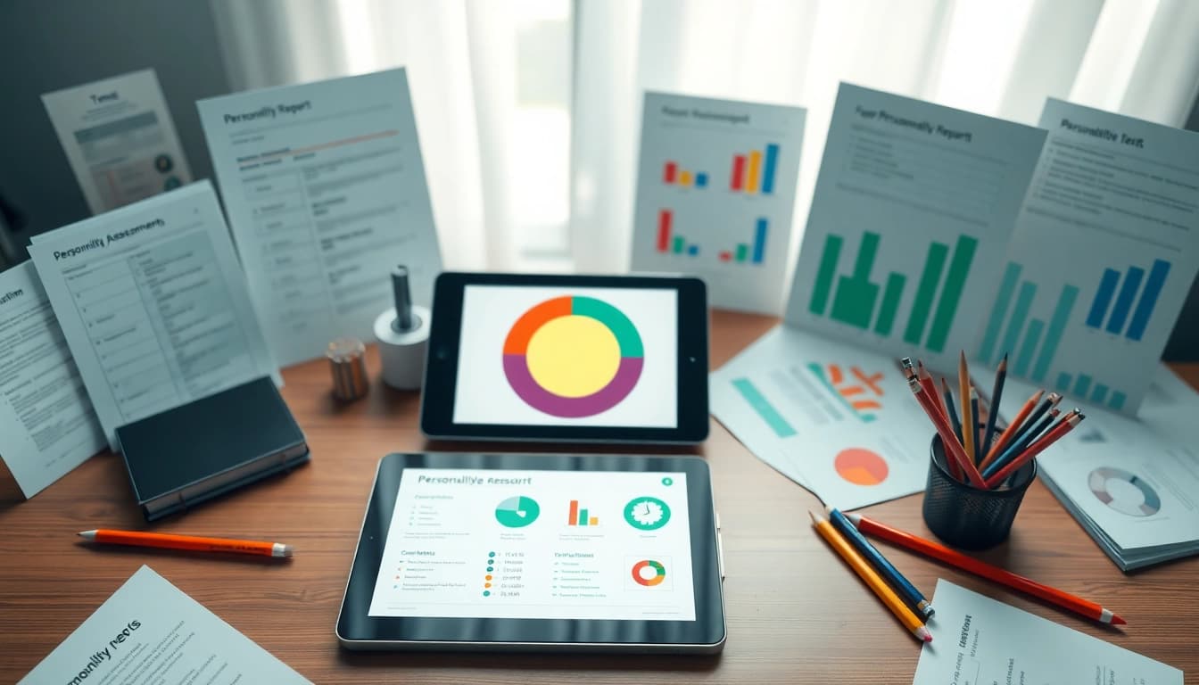 Explore various personality assessments tools laid out creatively on a professional desk.