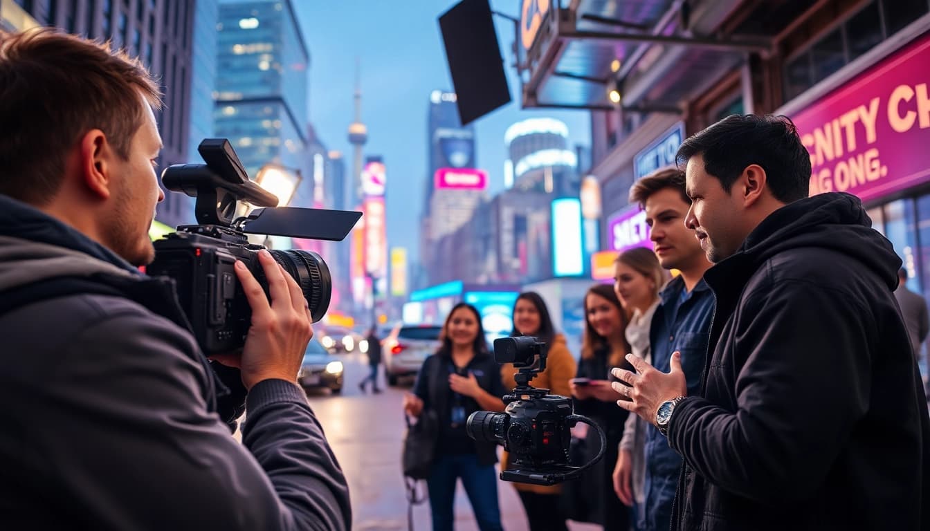Commercial videography toronto team shooting a dynamic scene in an urban environment.