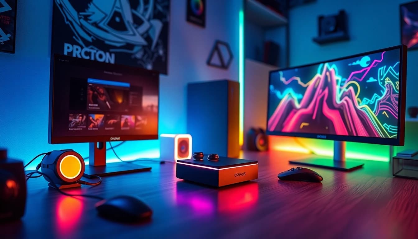 Cronus zen gaming setup featuring innovative technology and dynamic lighting.