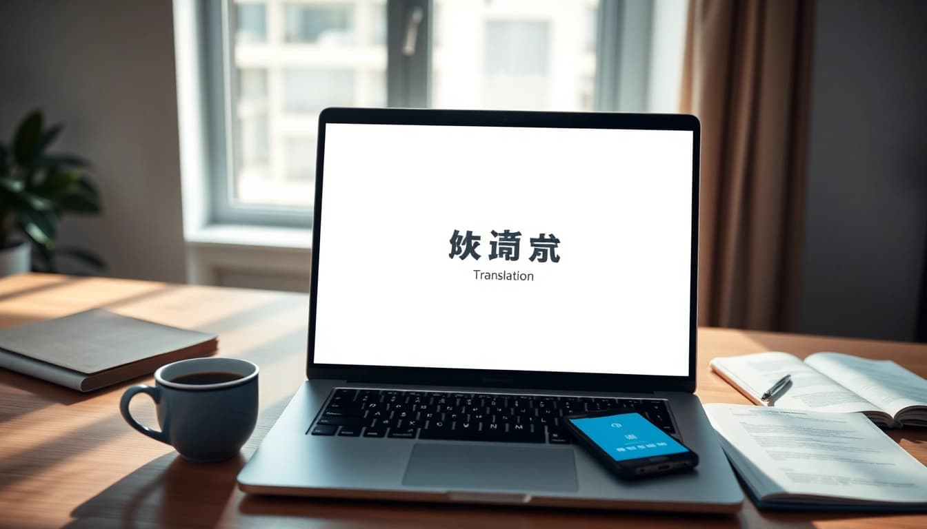 Explore 有道翻译 on a sleek laptop in a modern workspace, showcasing innovative translation solutions.