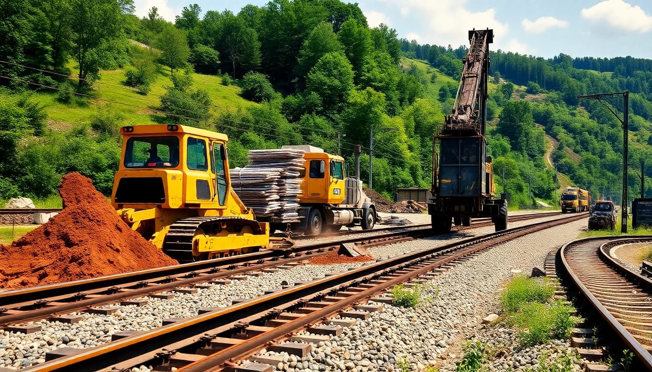 Excavator and crane working on Railroad Construction site amid lush greenery.