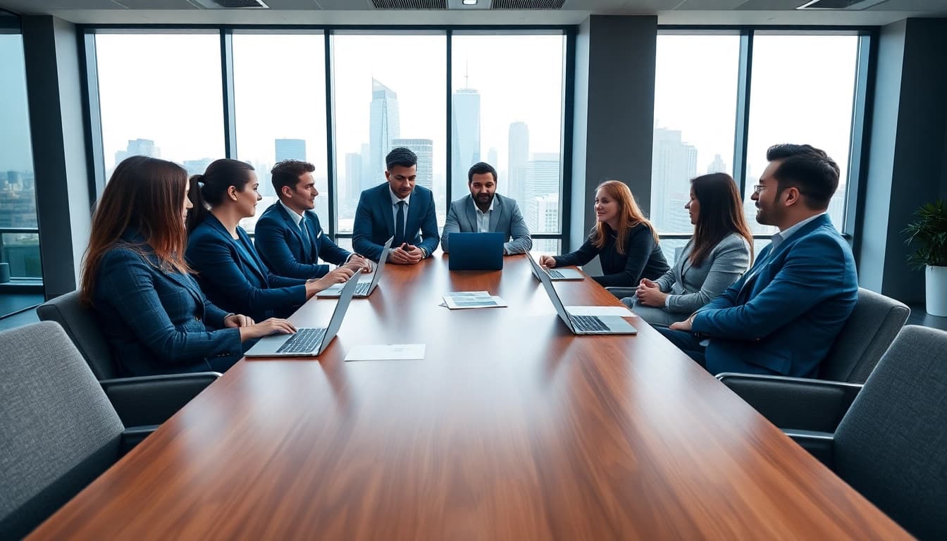 Engaging business meeting in a modern office showcasing collaboration and professionalism.