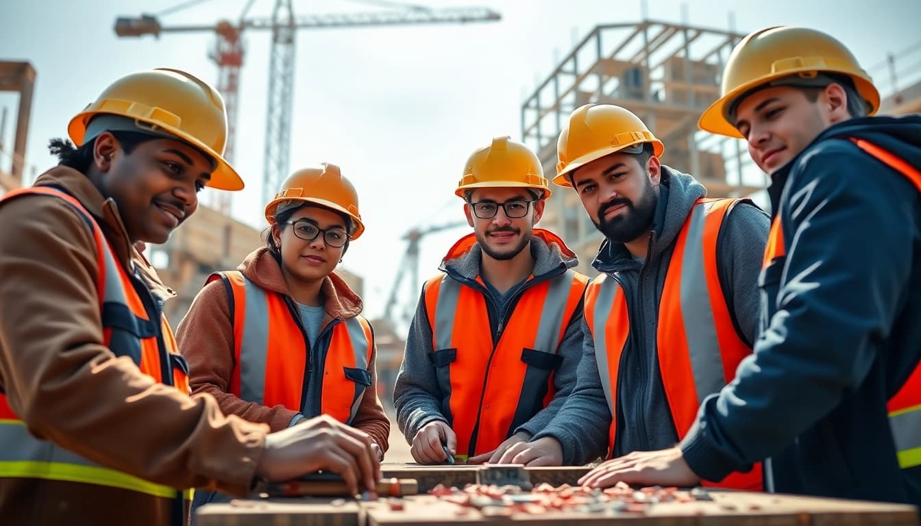 Students learning at construction trade schools in texas with safety gear and tools.