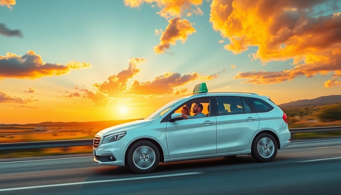 Experience seamless LONG DISTANCE TAXI TRANSFERS with a modern taxi driving along a scenic highway.