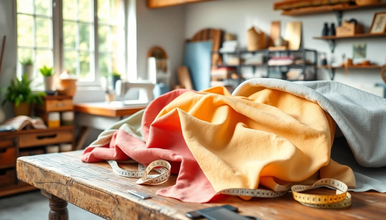 Bekijk katoenen stof per meter in diverse kleuren en texturen op een werktafel met naaigerei.