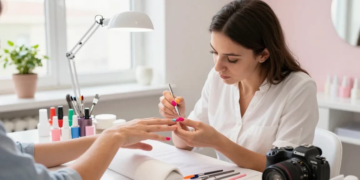 Scenă colorată de aplicare a gelului pentru constructie unghii într-un salon de frumusețe cu tehnician de unghii.