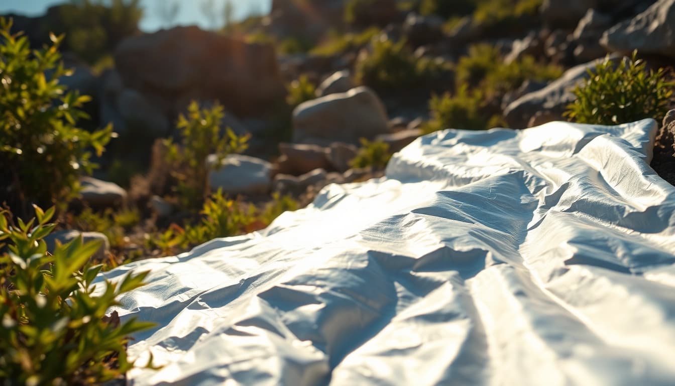 Emergency blanket displayed in a rugged outdoor setting, reflecting sunlight.