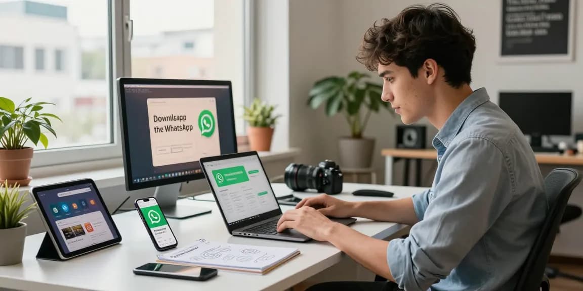 WhatsApp下載 in a modern tech workspace, showcasing a professional downloading the app on a laptop surrounded by smart gadgets.