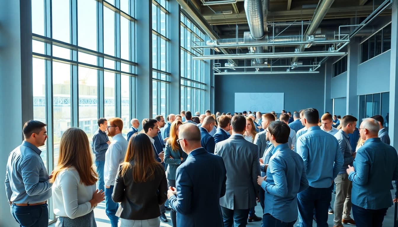 Engaging construction networking event showcasing industry leaders and professionals in discussion.