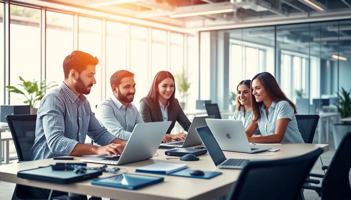 Showcases a diverse team of IT specialists collaborating with technology as a managed it provider.