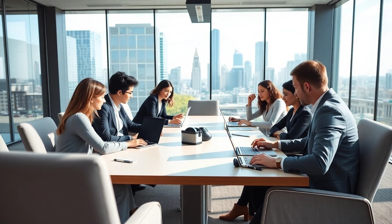 Business team collaborating in a modern office space, showcasing teamwork and innovation.