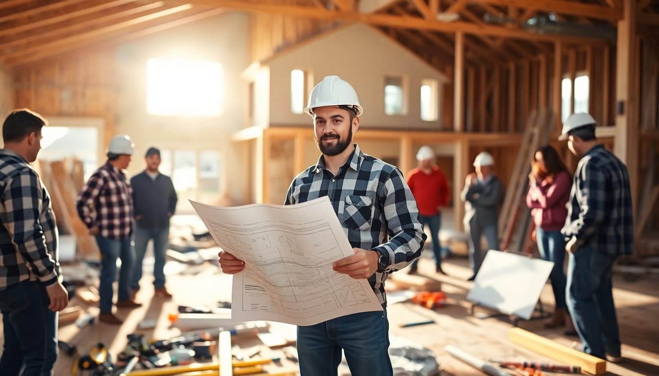 Engaged New Jersey General Contractor directing a construction team on-site with blueprints.