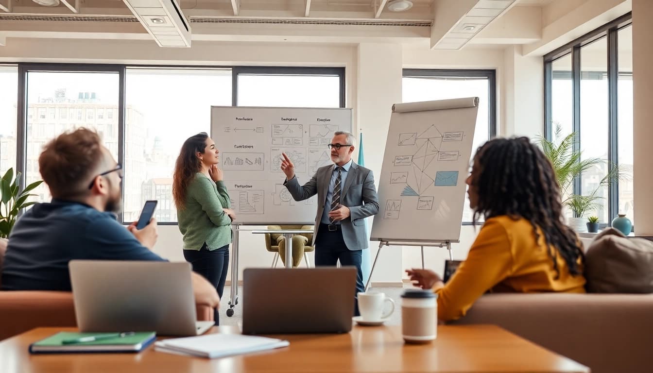 Engaging moment with a business coach near me helping entrepreneurs in a collaborative office setting.