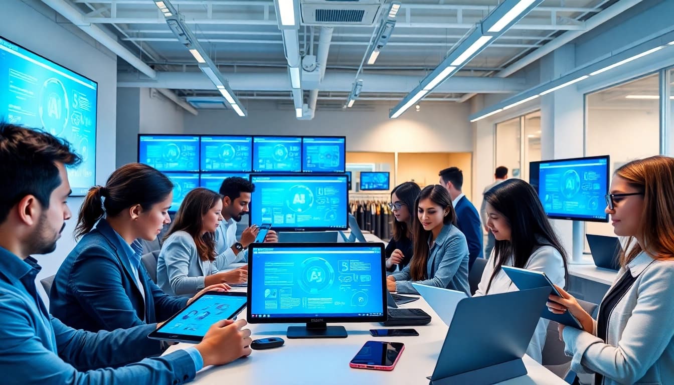 Collaborative professionals engaging with an ai tool marketplace showcasing innovative AI tools.