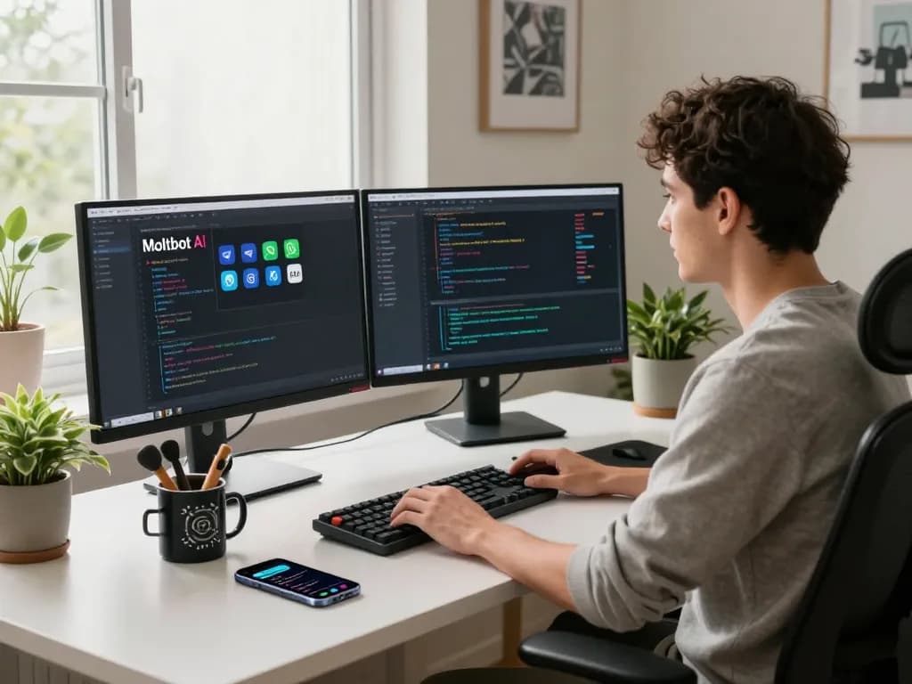 Moltbot AI integration in a modern home office showcasing a developer coding and interacting with tech tools.