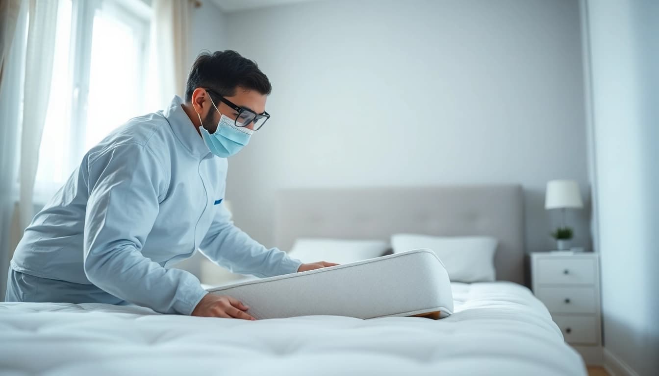 Inspecting bed bugs treatment at https://affordablebedbugexterminators.com with an exterminator in protective gear.