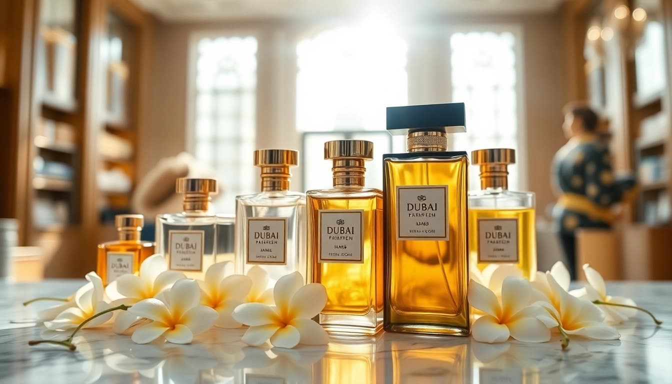 Verken de luxe van Dubai parfum met stijlvolle flessen en bloeiende jasmijn.