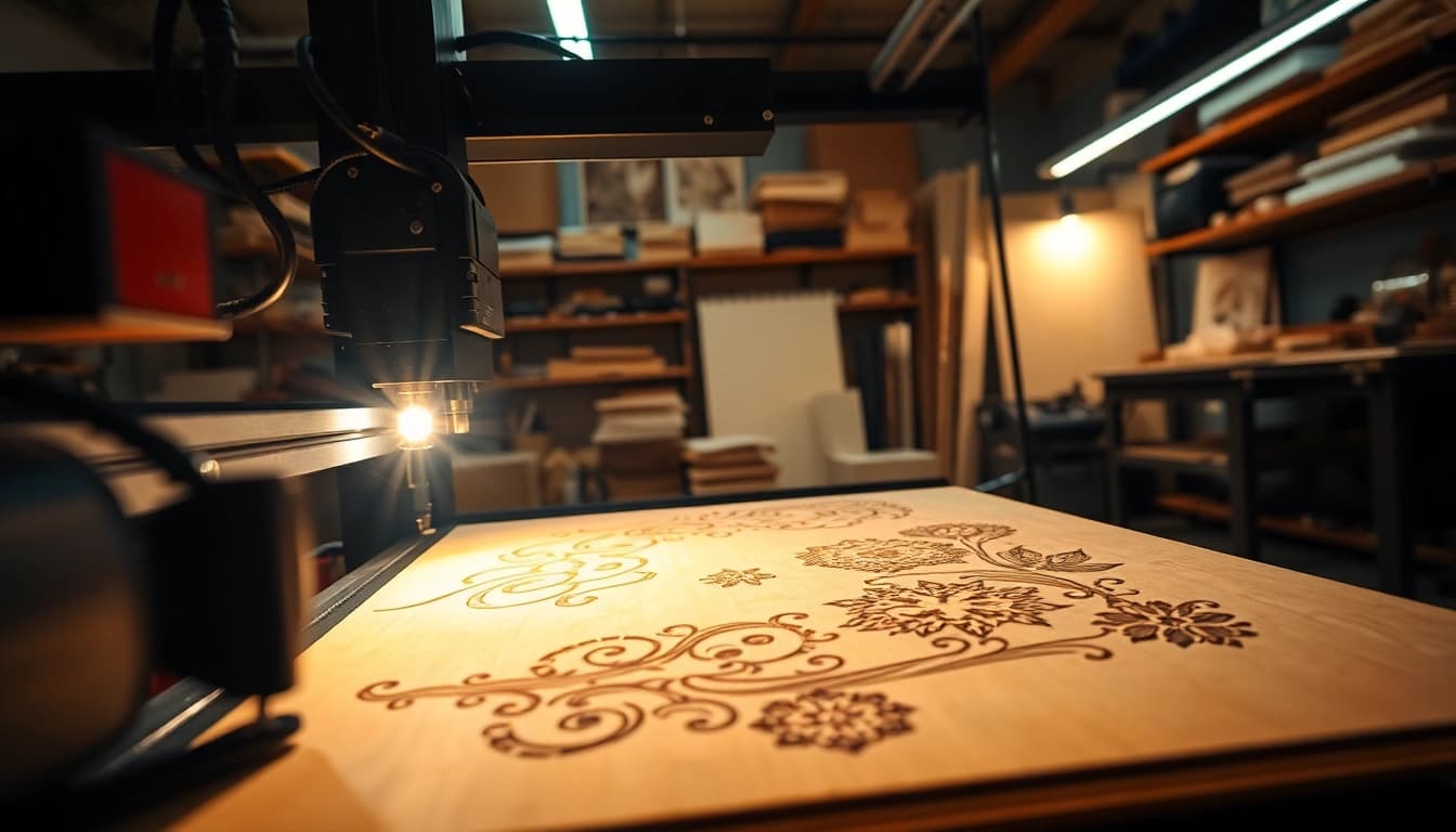 Custom laser design showcased in a workshop, highlighting intricate craftsmanship.